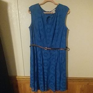 Blue lace belted dress with a keyhole neck.
